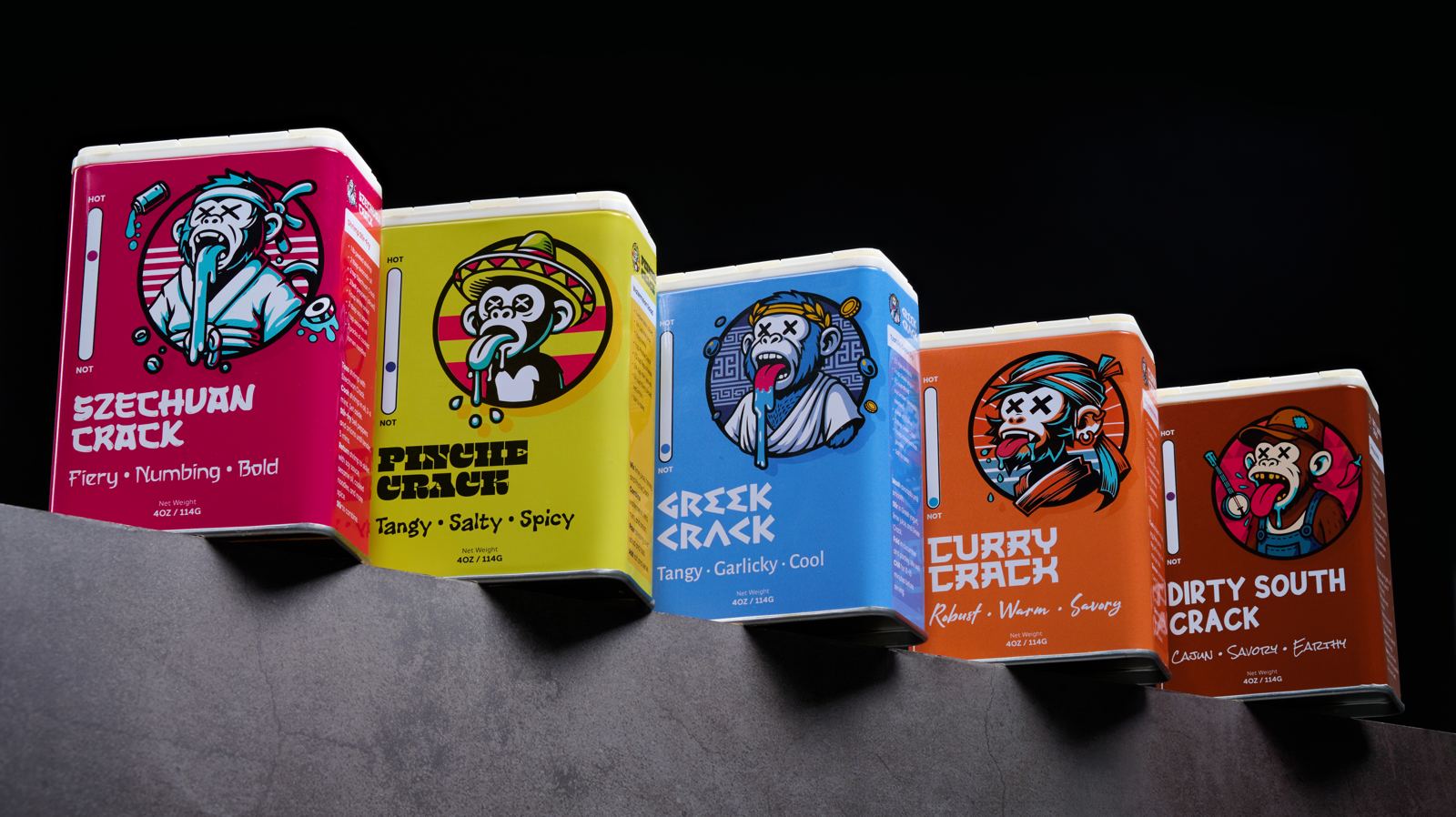 The five Crack Spice tins: Szechuan, Pinche, Greek, Curry and Dirty South